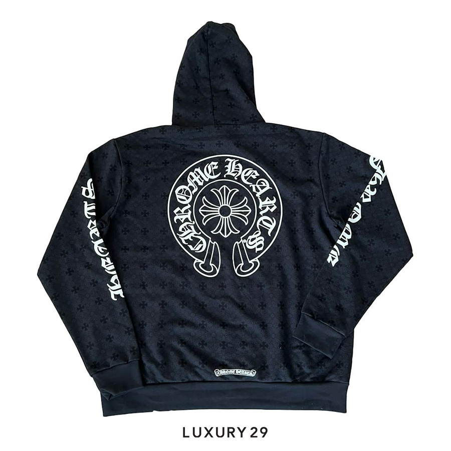 CHROME HEARTS PLUS CROSS ALLOVER PRINT HORSESHOE HOODIE BLACK