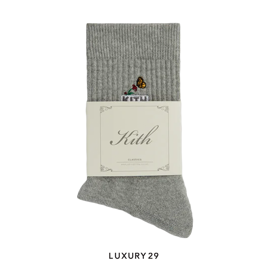 Kith Butterfly Box Logo Mid Crew Socks Heather Grey